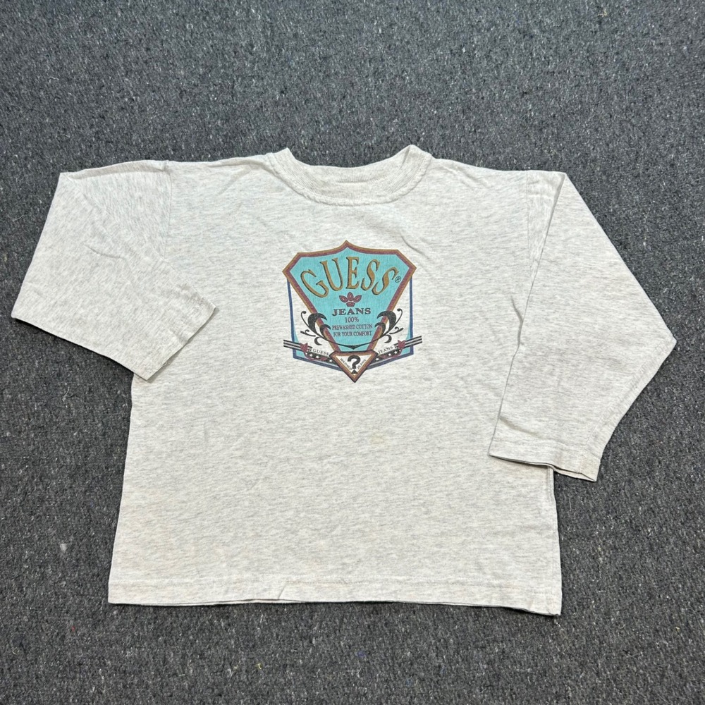 Guess Shirt XL Kids Gray Long Sleeve Vintage 90s Crest Logo Made in USA Cotton